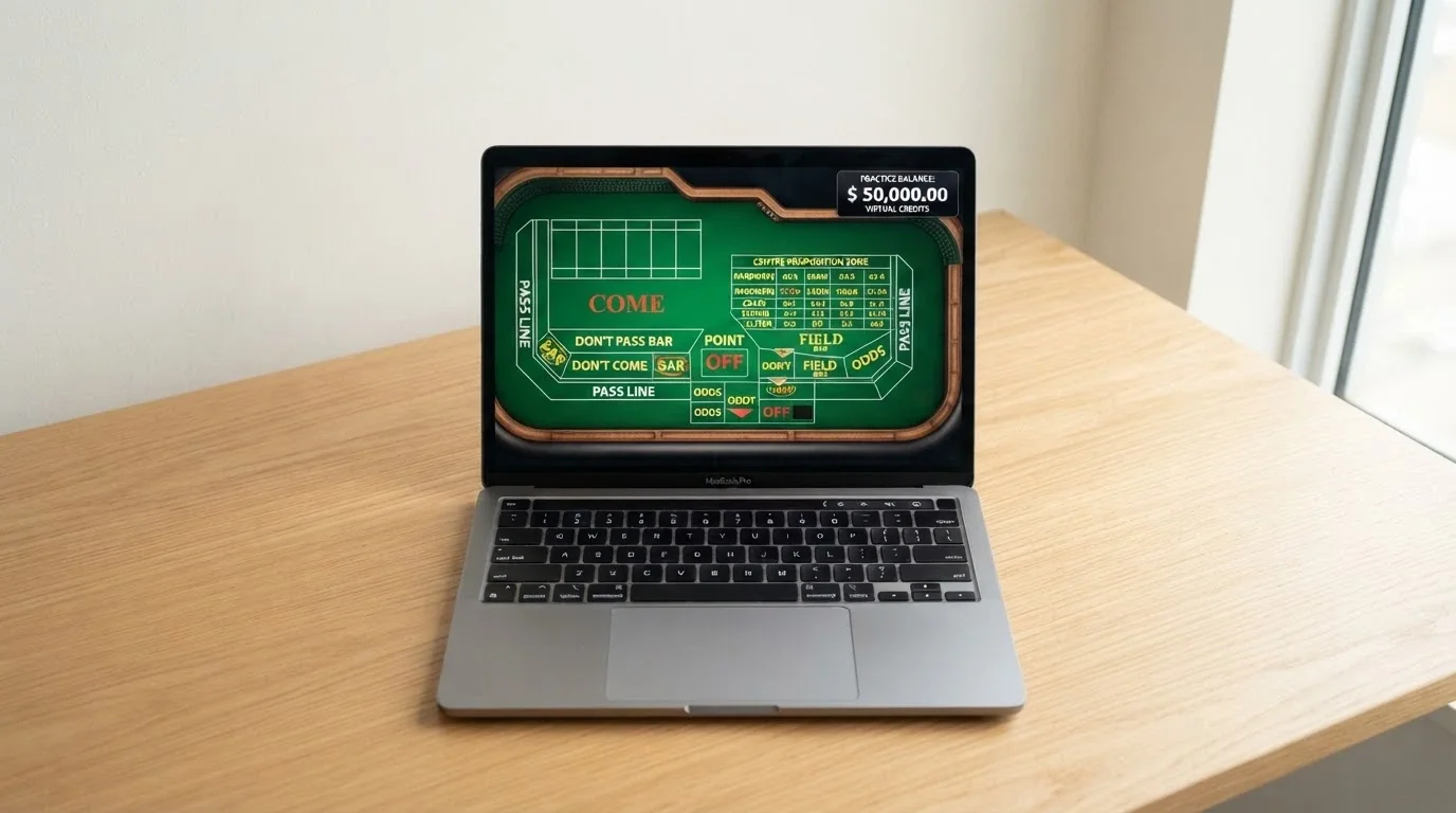 A browser window showing a free-play craps table in demo mode with a practice chip balance displayed, no real-money deposit prompt visible