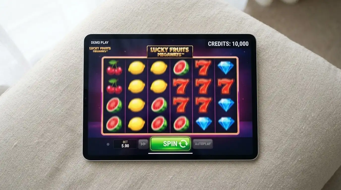 An iPad showing a demo pokie in play mode with a virtual credit balance visible in the corner