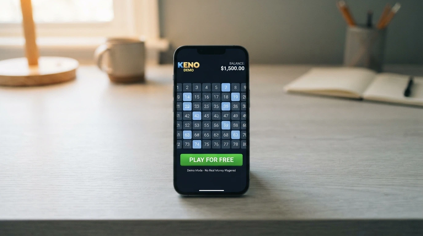 A demo-mode keno game screen with a clearly visible play-money balance and a 'Play for Free' or 'Demo' button