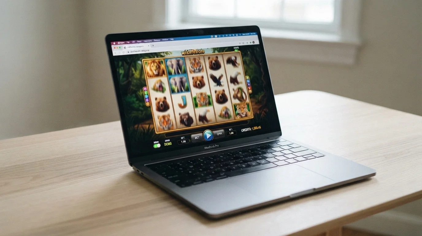 A laptop browser window displaying an Aristocrat pokie in demo mode with a virtual-credit balance visible in the corner