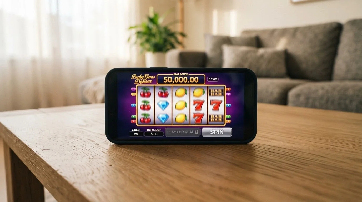 An iPhone screen showing a pokie game in demo mode with a clearly visible play-money balance counter and a “Play for Real” button greyed out