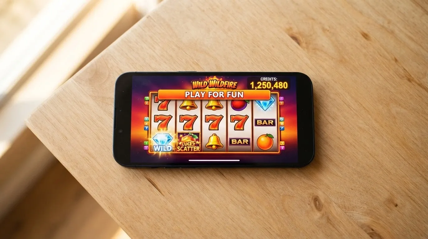 A mobile screen showing a pokies game in demo mode with a virtual-credit balance of 10,000 coins and a “Play for Fun” banner visible above the reels