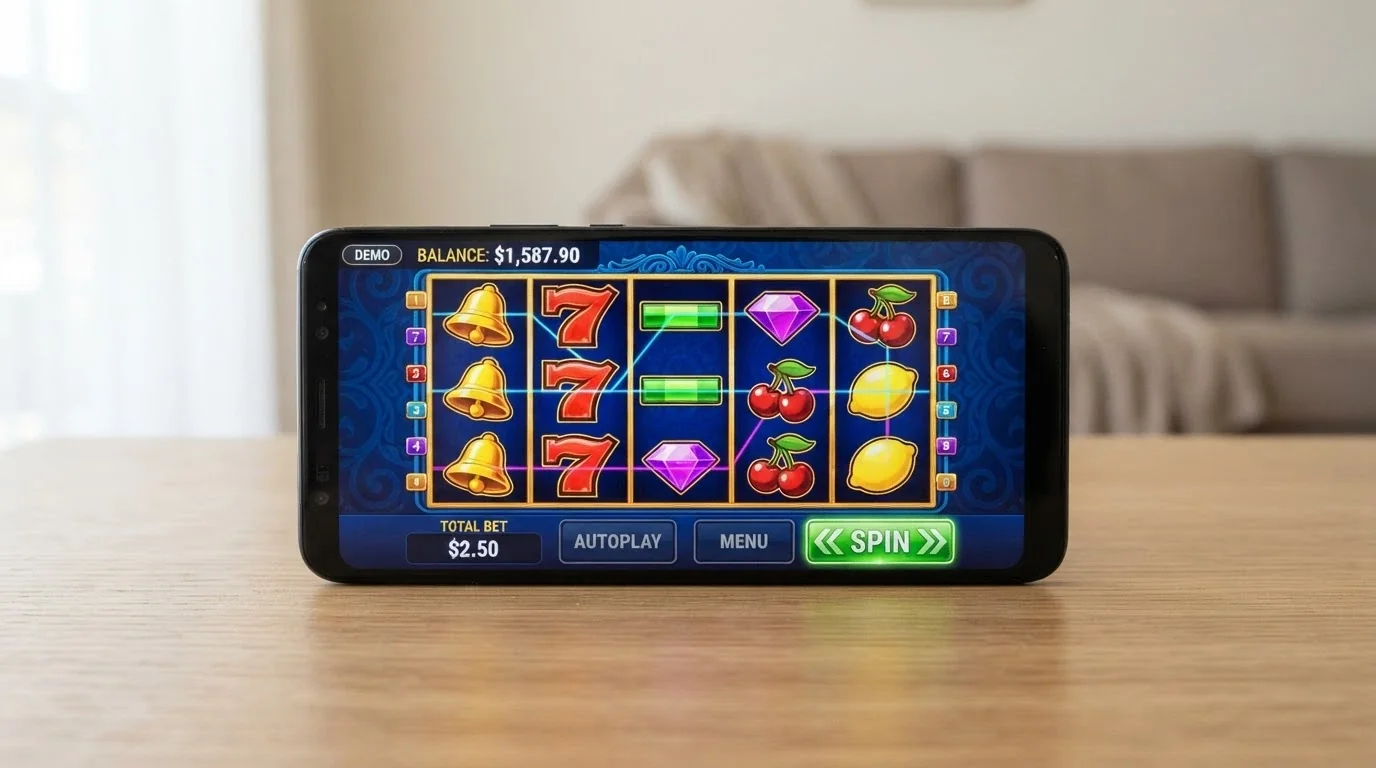 A phone screen showing a free-play pokies game with a demo balance