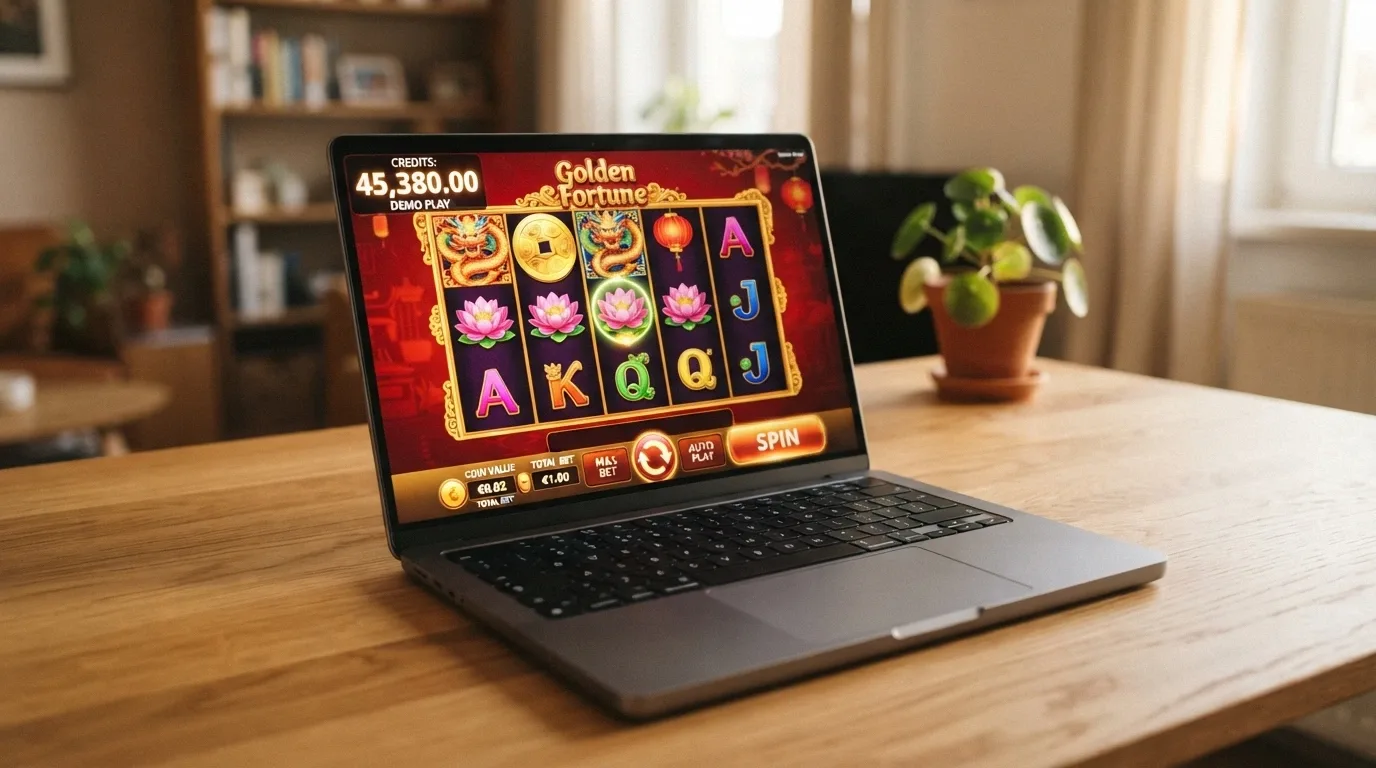 A demo-mode pokie screen with a clearly visible play-money balance and a spin button, no deposit or registration prompt visible