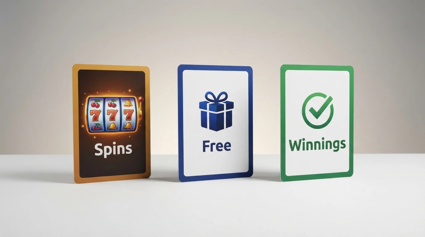 Three illustrated bonus-type cards showing free spins, a no-deposit badge and a no-wagering stamp