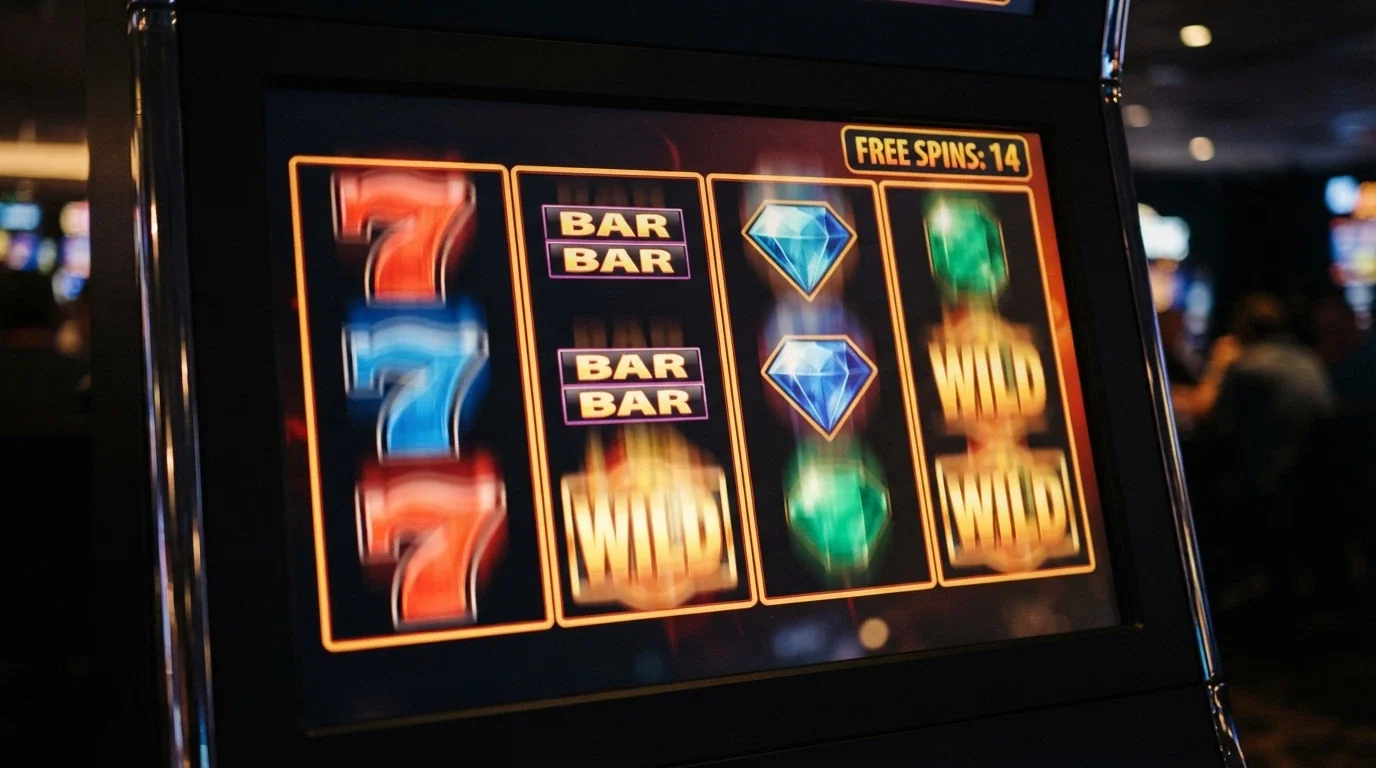A close-up of online pokies reels mid-spin with a free-spin counter visible in the corner, colourful slot symbols in motion
