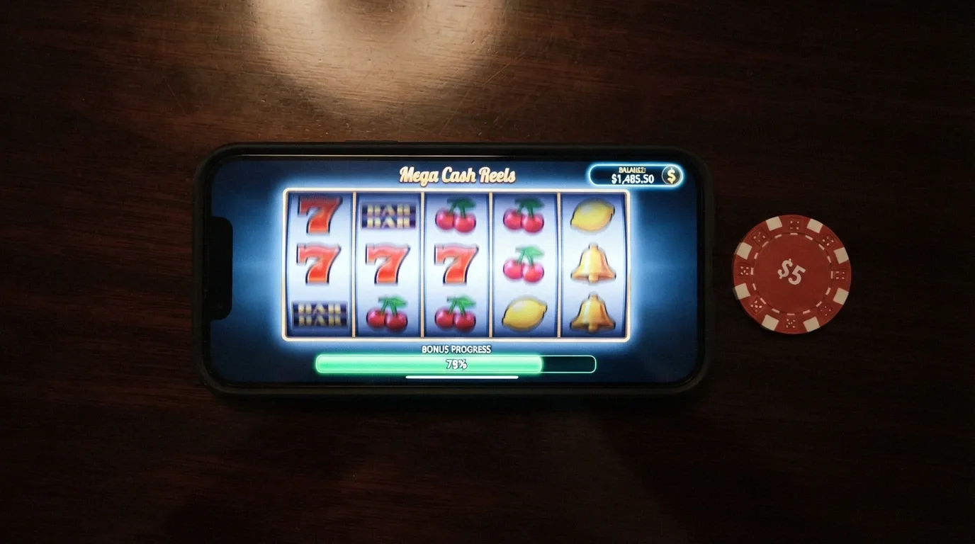 Pokie reels spinning on a smartphone, a progress bar beneath them labelled “Wagering: 73% complete,” with a dollar-amount counter in the corner