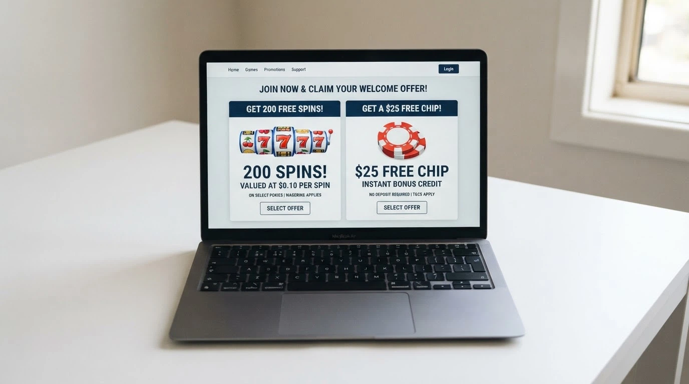 A side-by-side comparison of a free-spins offer panel and a free-chip bonus panel on a casino registration screen, with the spin value and chip amount highlighted