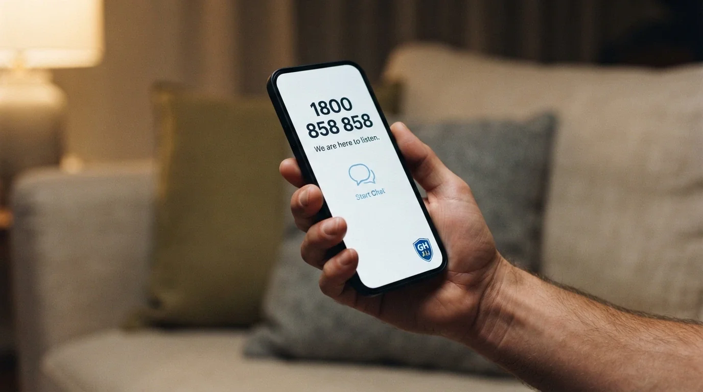 A close-up of a phone screen showing the 1800 858 858 helpline number and the Gambling Help Online chat interface, with a subtle BetStop logo visible in the corner