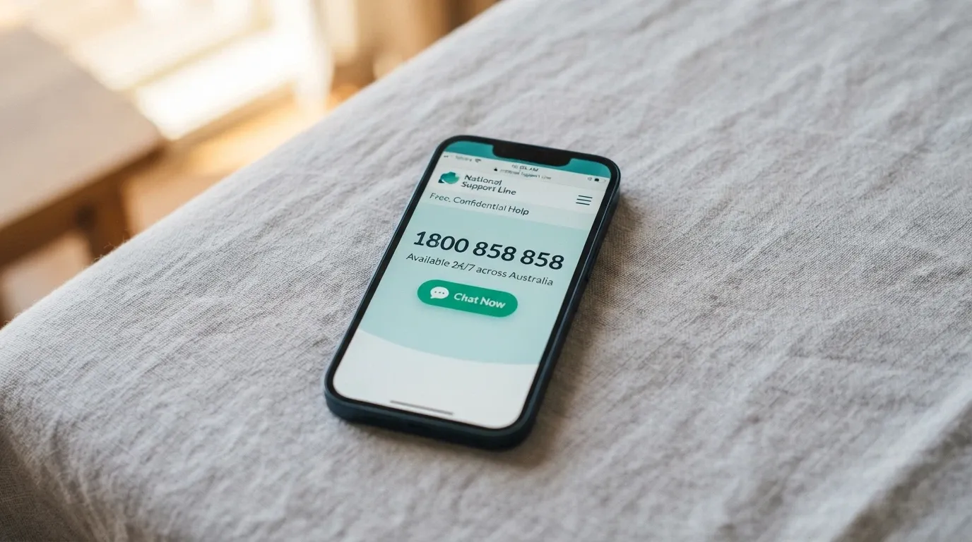 A smartphone displaying the Gambling Help Online homepage with the 1800 858 858 helpline number prominently shown