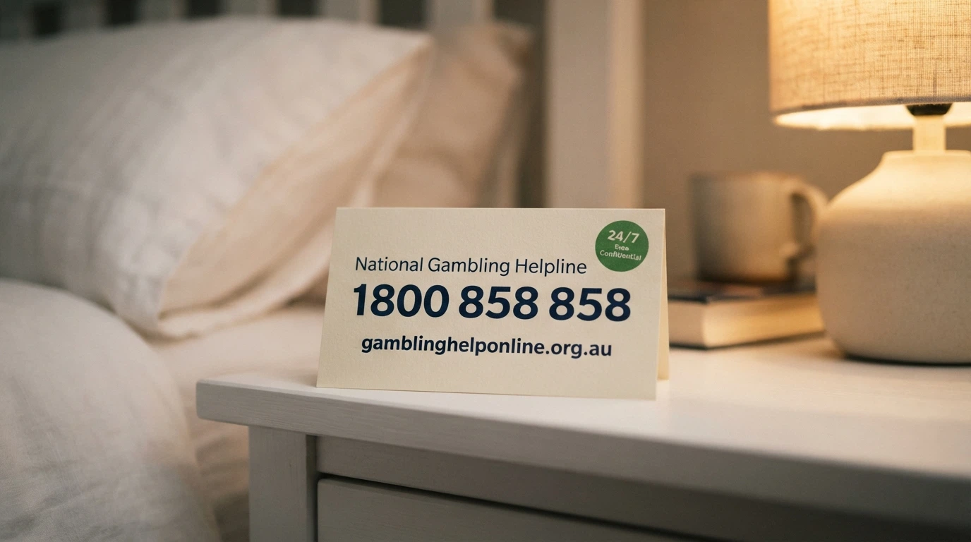 A clean, reassuring image of the National Gambling Helpline number (1800 858 858) and the Gambling Help Online URL, with a 24/7 badge and the words “free, confidential”