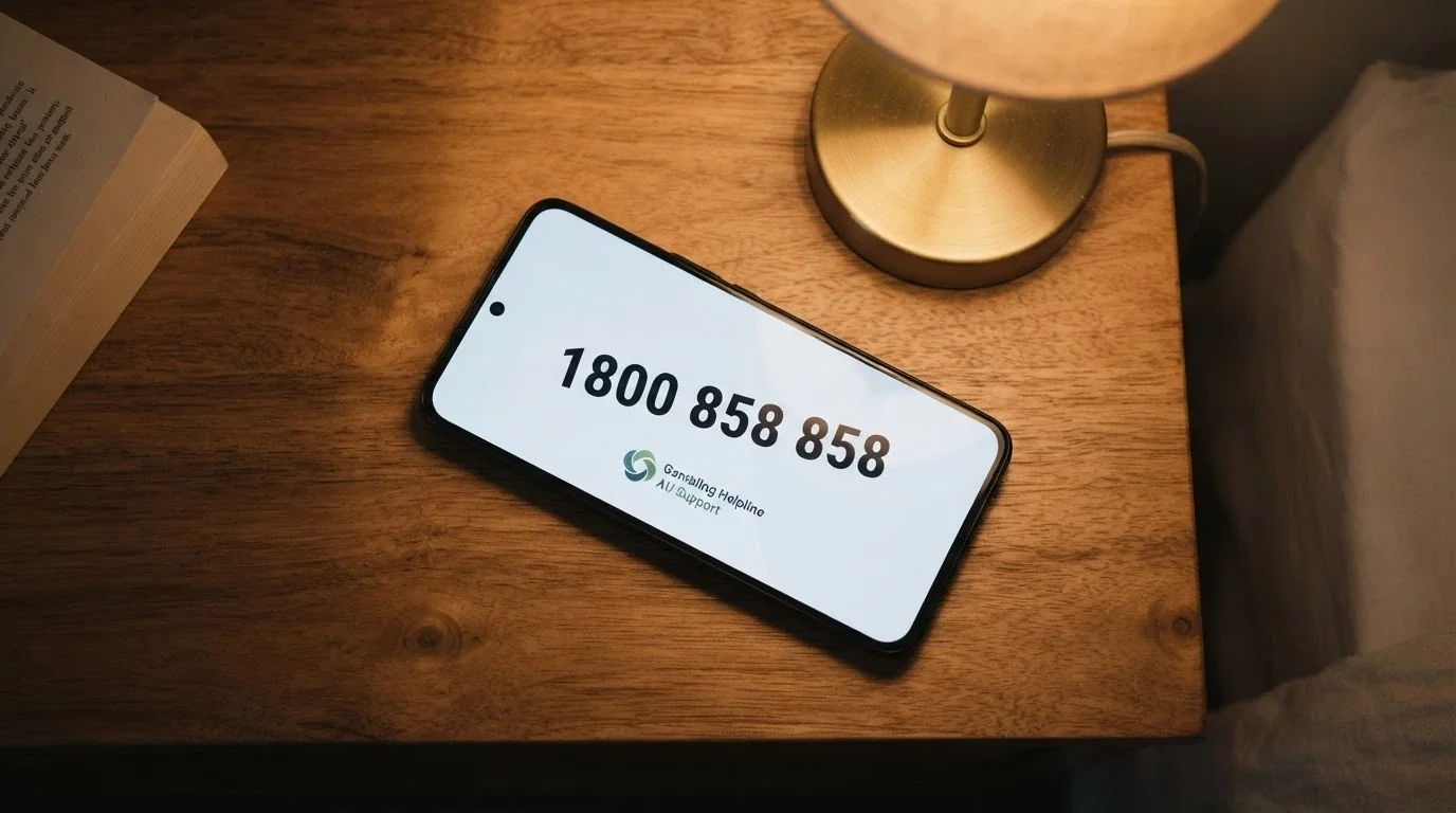 A smartphone displaying the 1800 858 858 number with the Gambling Help Online logo on screen