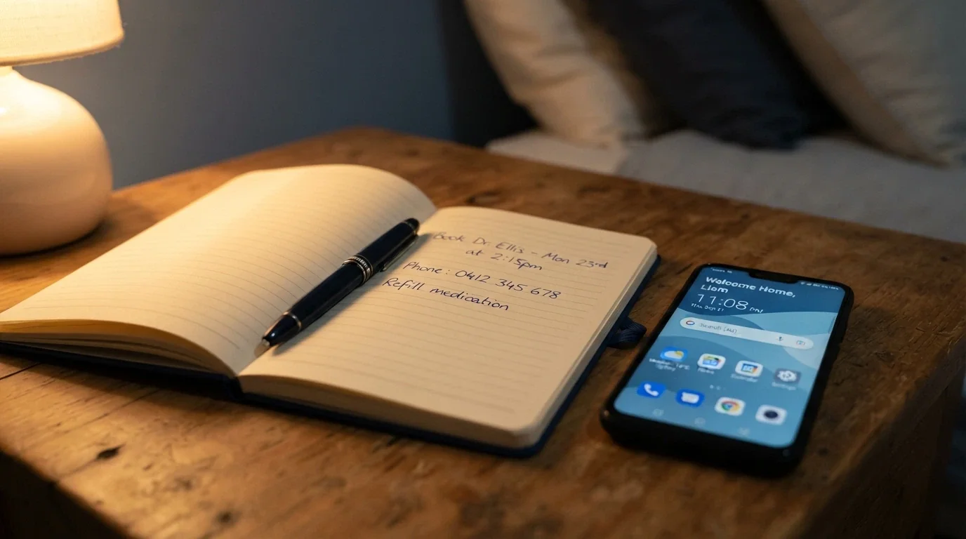 A close-up of a notebook page with 1800 858 858 handwritten beside a smartphone showing the Gambling Help Online homepage