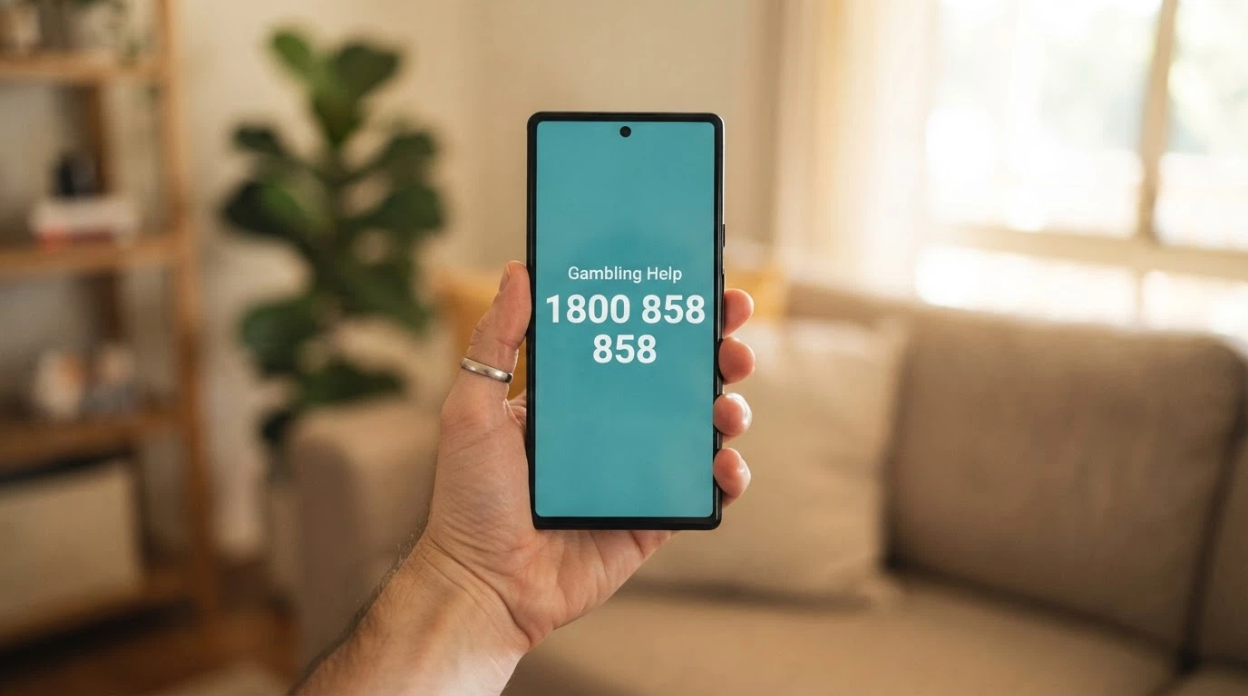 A person holding a smartphone with the number 1800 858 858 visible on screen, set against a calm supportive background