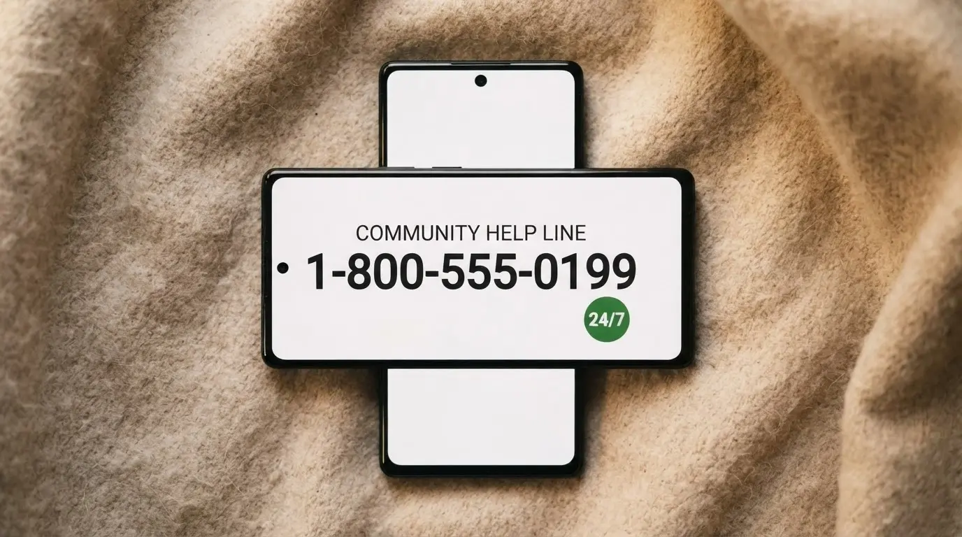 A phone screen displaying the 1800 858 858 number with the Gambling Help Online logo and a 24/7 badge