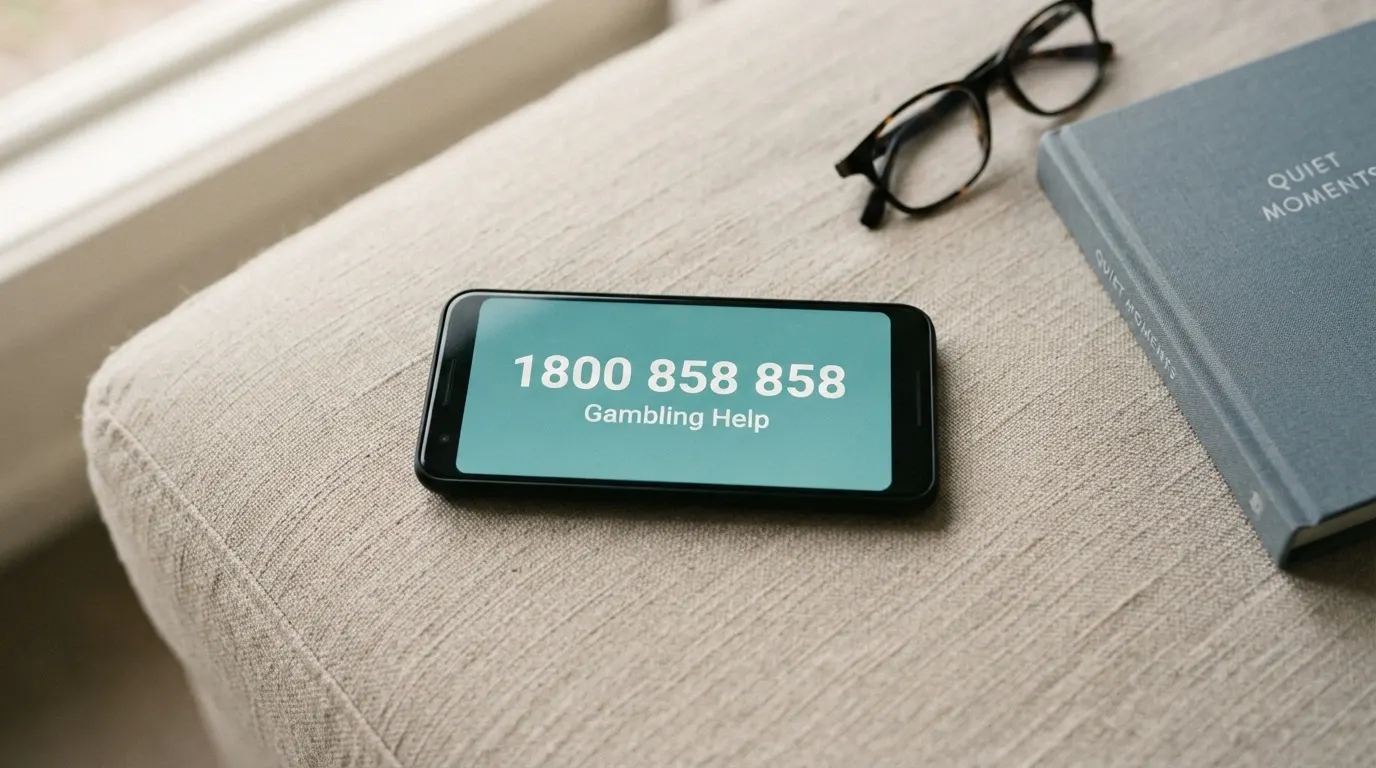 A phone screen displaying the National Gambling Helpline number 1800 858 858 with the Gambling Help Online homepage open beside it