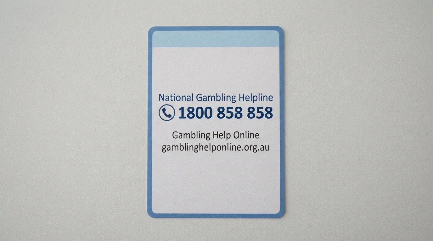 A support card layout showing the National Gambling Helpline number 1800 858 858, the BetStop logo, and the Gambling Help Online web address