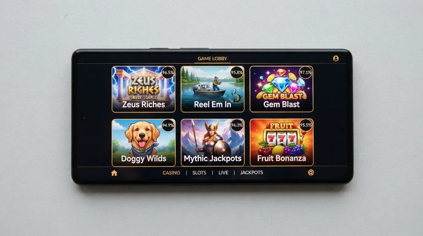 A smartphone in landscape orientation showing a grid of six pokies title cards — Gates of Olympus, Big Bass Bonanza, Bonanza Billion Xtreme and three others — with RTP percentages overlaid on each card