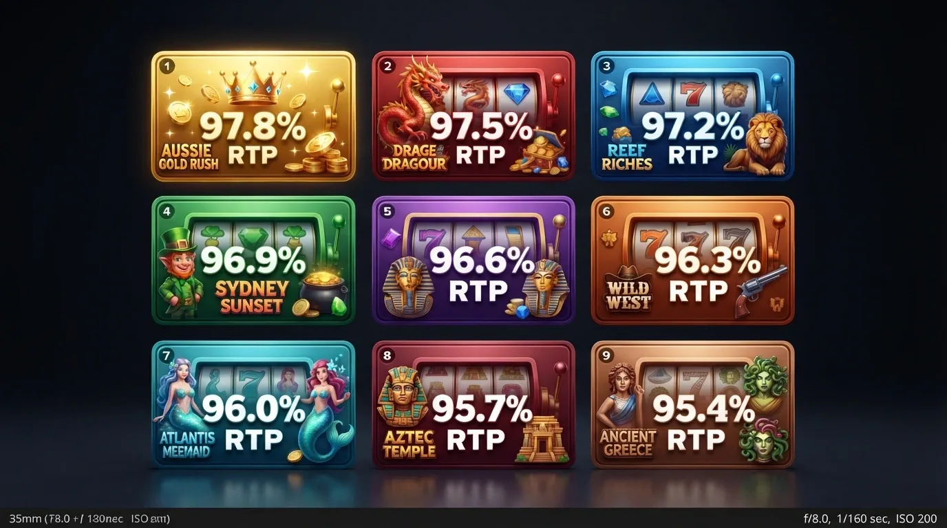 A grid of nine pokie title cards arranged by RTP from highest to lowest, with the RTP percentage displayed prominently on each card