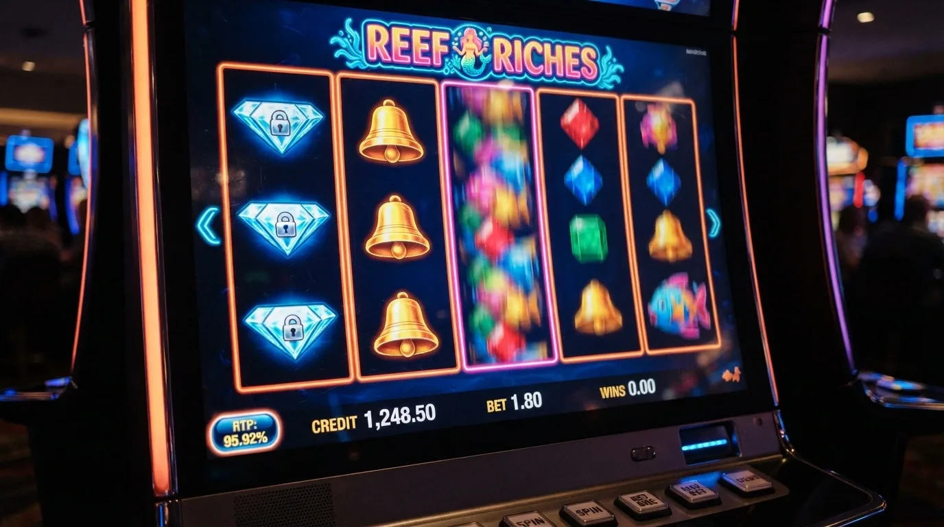 A colourful online pokies game screen showing the game title, the RTP percentage and spinning reels mid-play