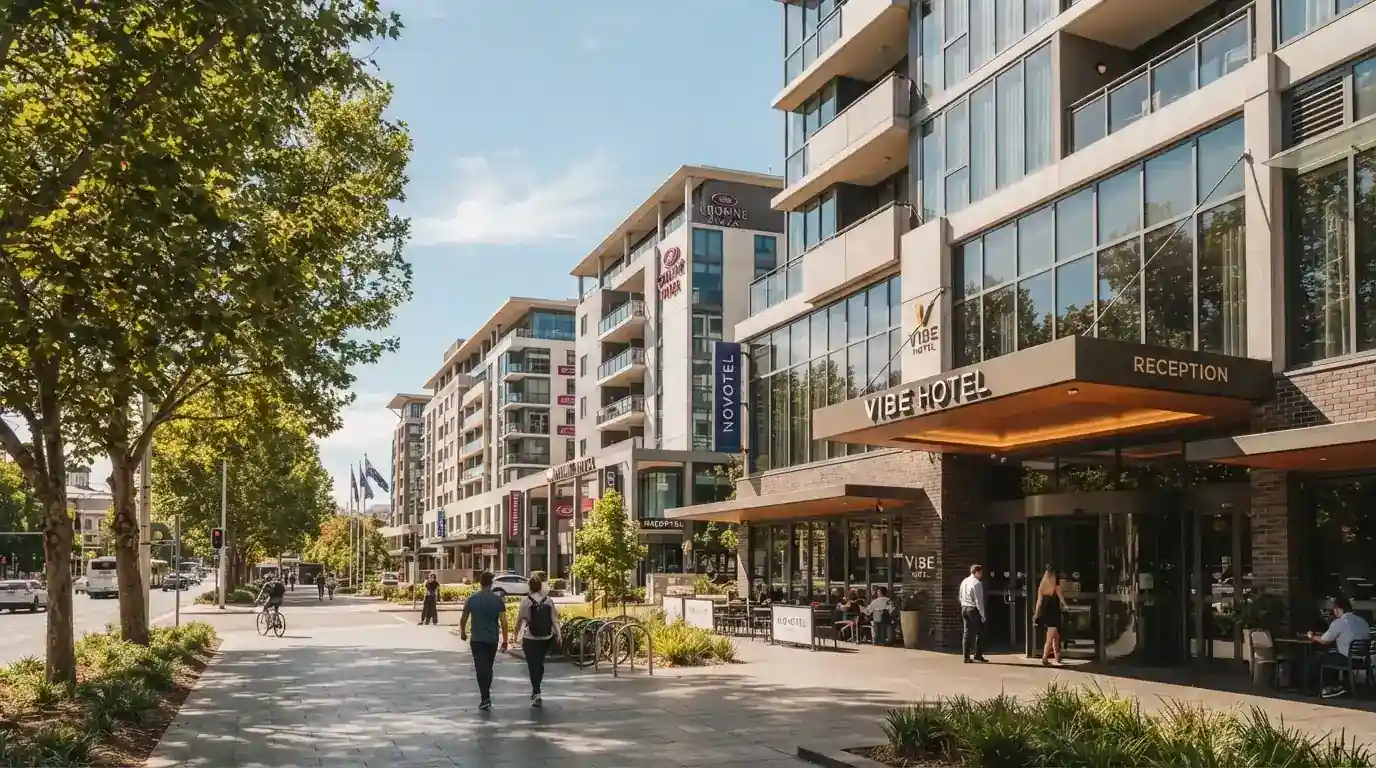 Canberra CBD hotel buildings and accommodation facades near Binara Street