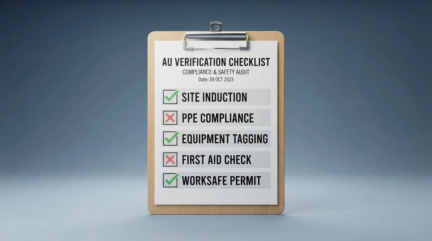 A checklist-style graphic — licence verification, published bonus terms, wagering transparency, game-provider audit, ACMA cross-check — with each item marked or crossed out.