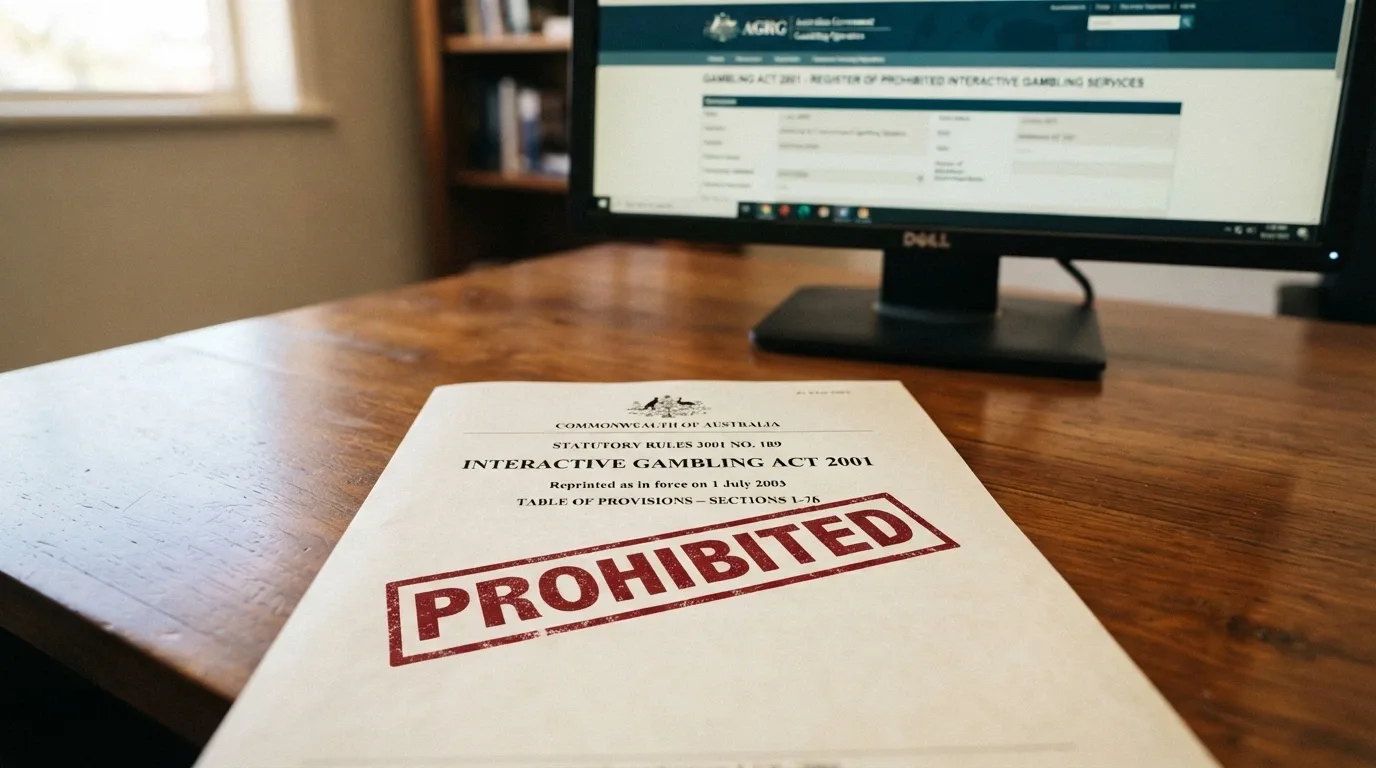 A government-style document with the words “Interactive Gambling Act 2001” visible on the header, overlaid with a red “Prohibited” stamp, on a desk with the ACMA logo faintly visible on a screen behind it