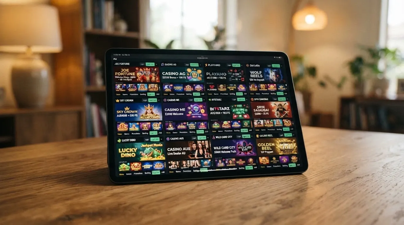 A clean comparison view of multiple casino site thumbnails on an iPad screen, arranged side by side