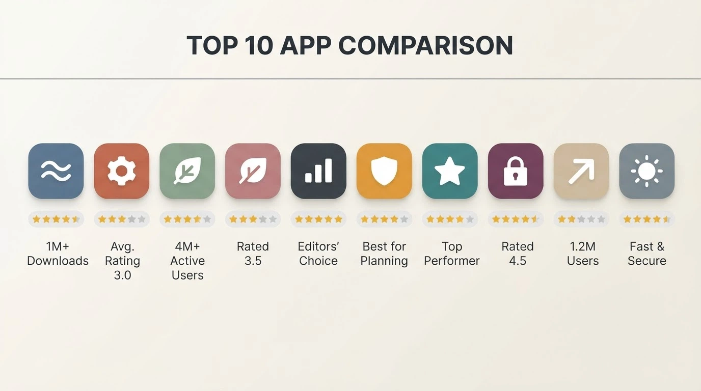 Ten casino app icons arranged in a comparison row on an iPhone screen, each with a visible star rating and a key stat beneath it