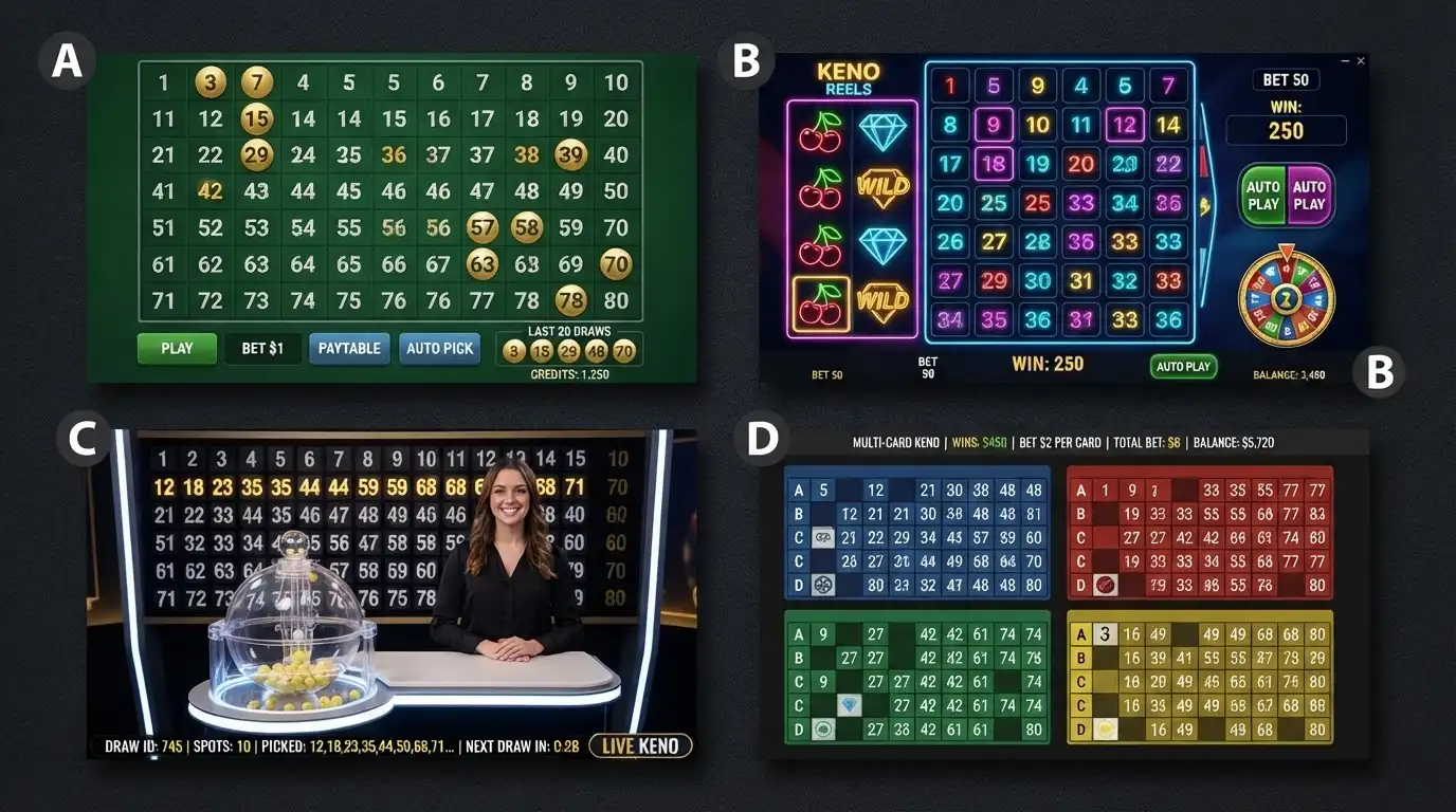 A collage showing four keno interfaces — classic grid, slot-style, live dealer with host, and multi-card layout