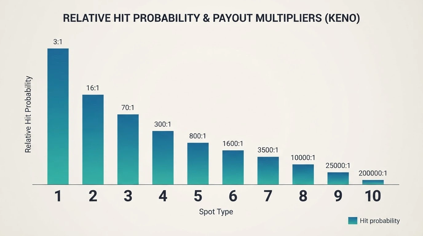 A simplified visual showing spot-type selections from 1 to 10 alongside their corresponding hit probabilities and payout multipliers
