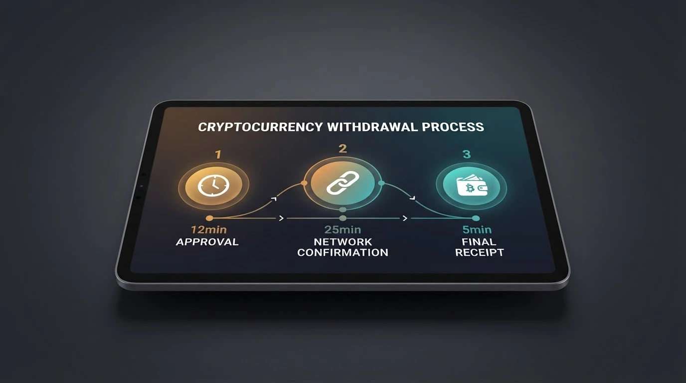 A horizontal timeline graphic showing the stages of an LTC casino withdrawal — operator approval, network confirmation, wallet receipt — with time markers at each stage