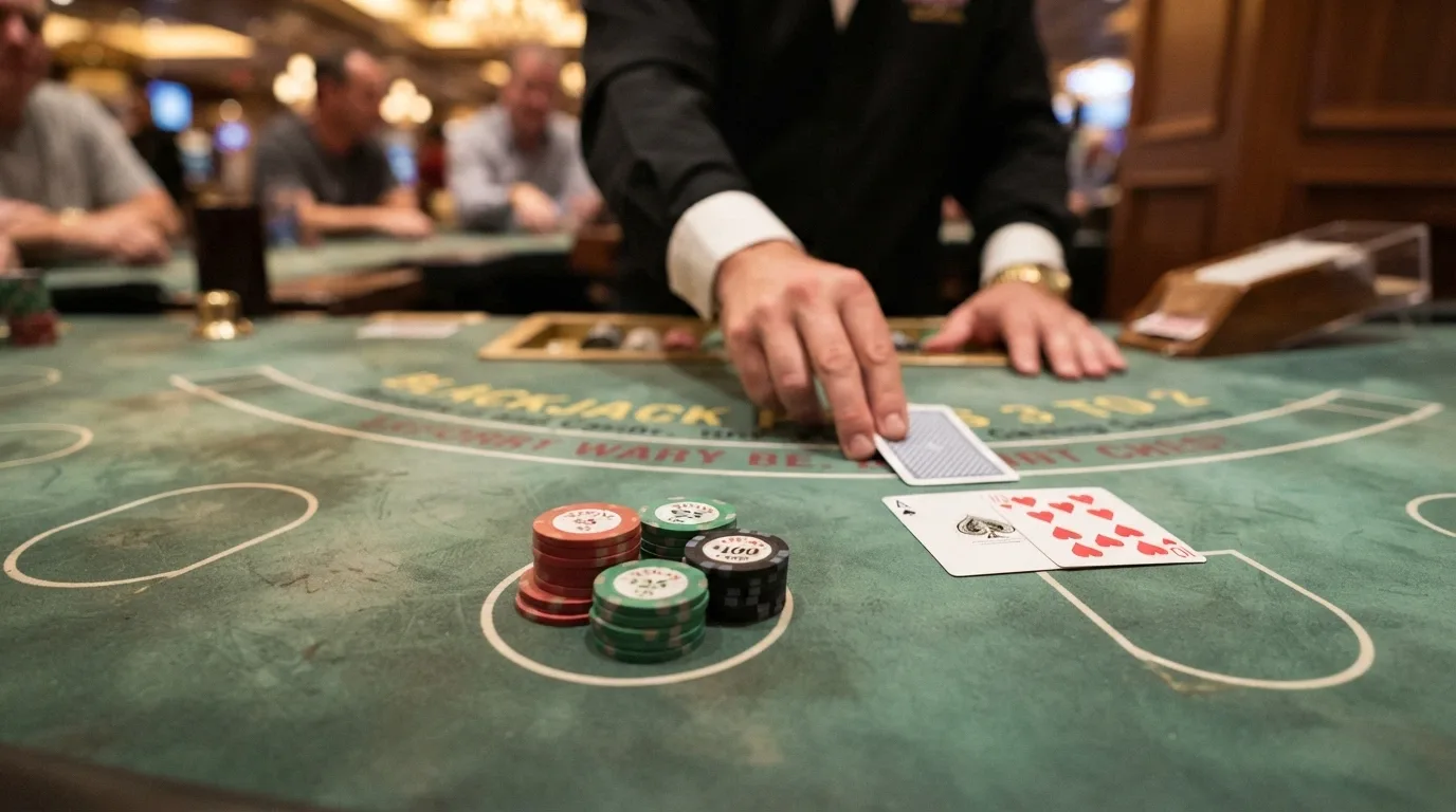 A close-up of a live blackjack table with a dealer dealing cards, the betting layout clearly visible with chip denominations shown