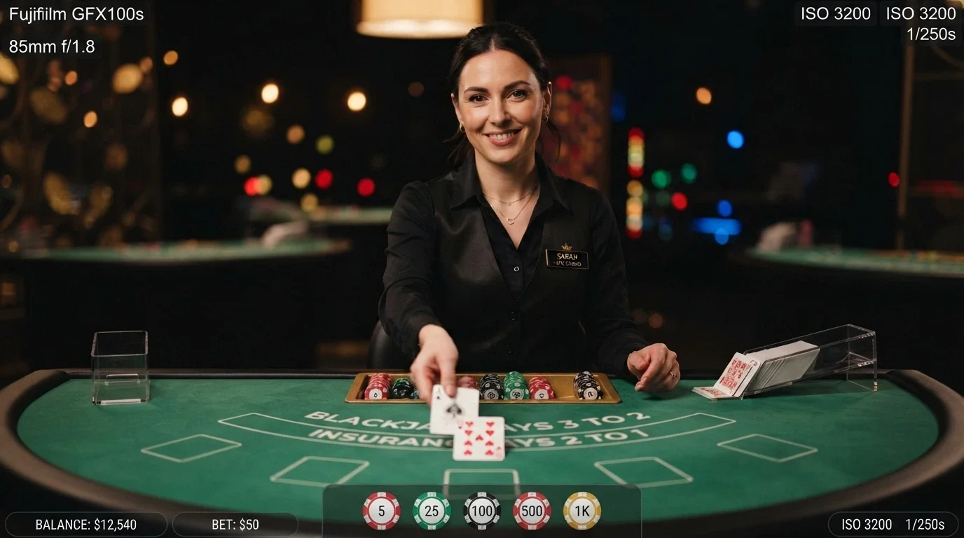 A live-streamed blackjack table with a real dealer in a studio, overlaid with a digital betting interface showing chip values