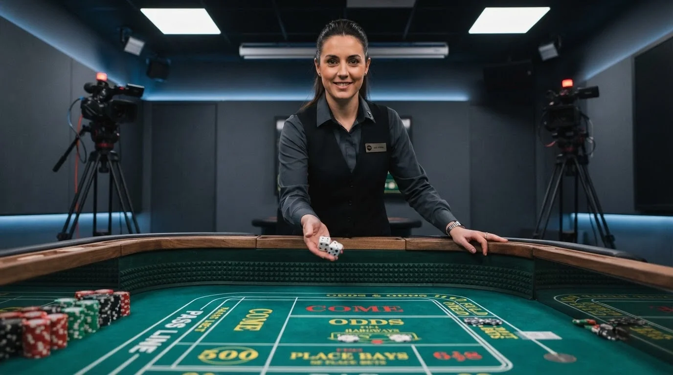 A live dealer craps studio with a human croupier standing behind a full-size craps table, dice in hand, broadcast cameras visible