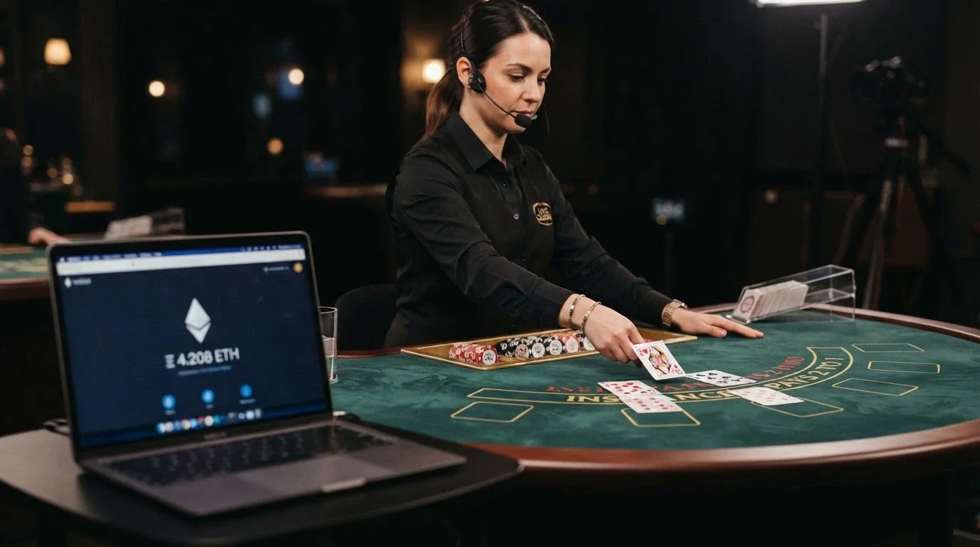 A live dealer at a blackjack table with a laptop beside the table showing a crypto wallet interface