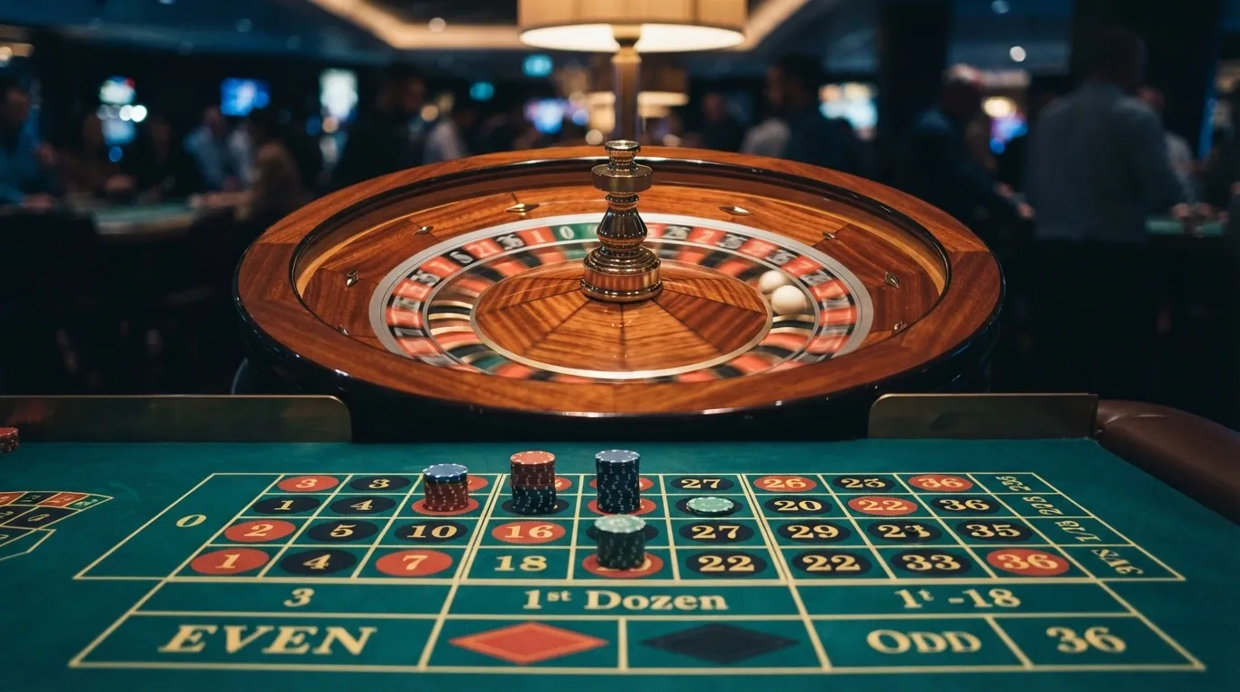 A close-up of a European single-zero roulette wheel mid-spin, the single green zero clearly visible, with the betting grid in the foreground