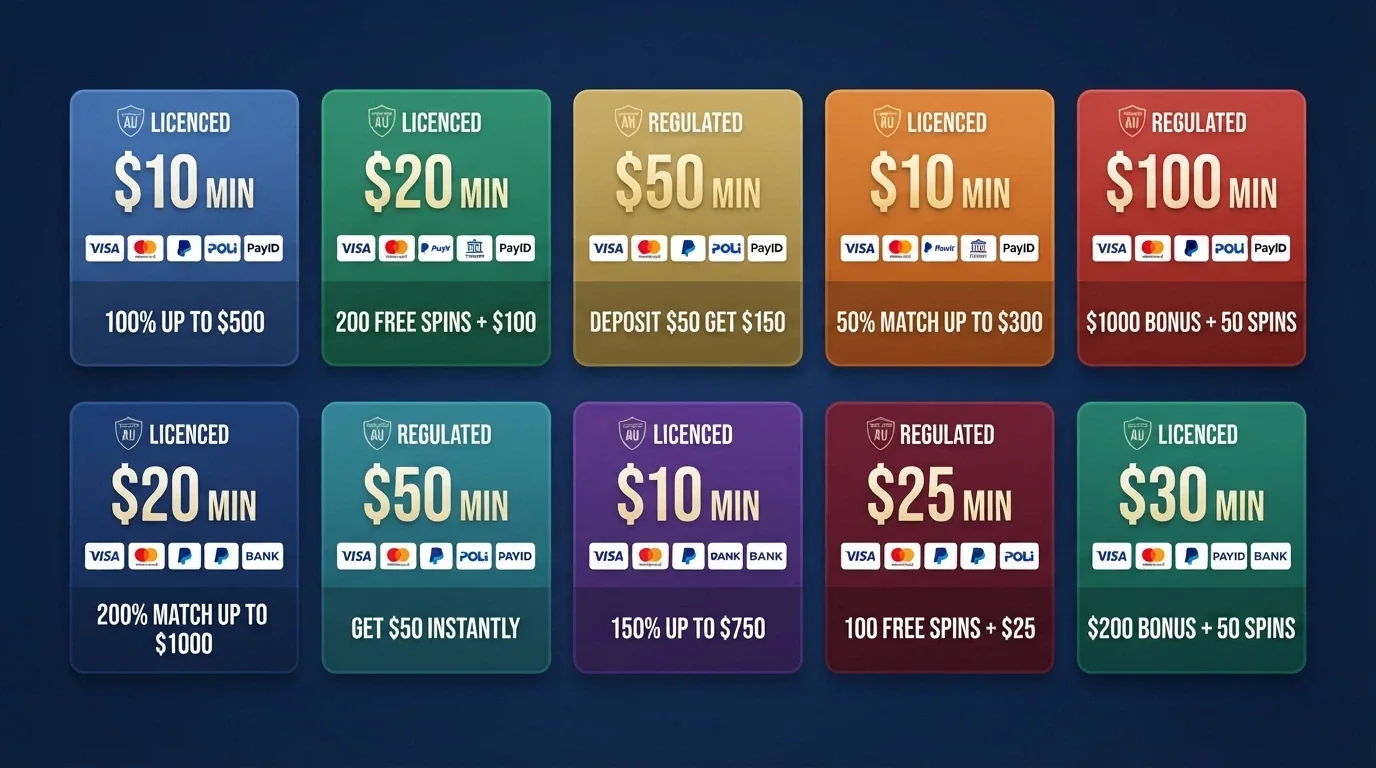 A visual grid comparing casino logos, minimum-deposit figures, licence badges and key features in a clean side-by-side layout