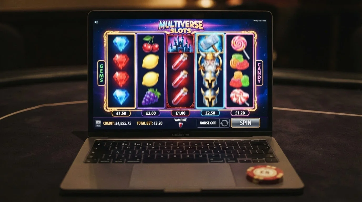 A row of colourful online pokies reels mid-spin with bet amounts visible at the bottom of the screen