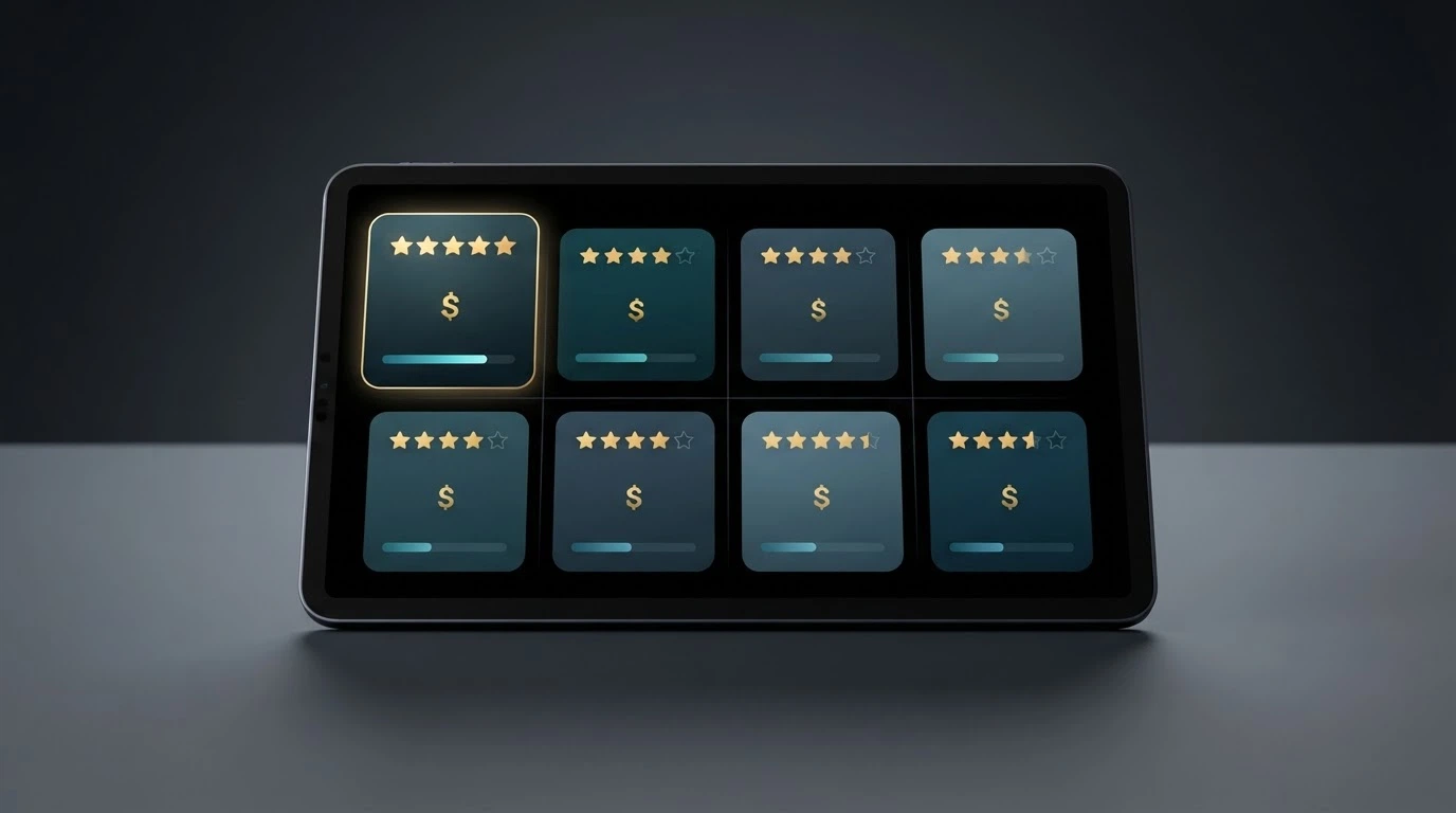 A visual comparison layout showing casino brand cards with Litecoin symbols, star ratings and key metrics arranged side by side on a dark background