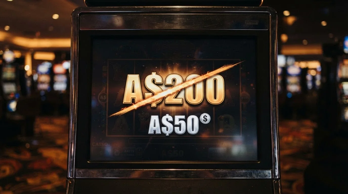A slot-machine win screen displaying a AU$200 total crossed out with the AU$50 cashout cap applied below it, set against a dark casino backdrop