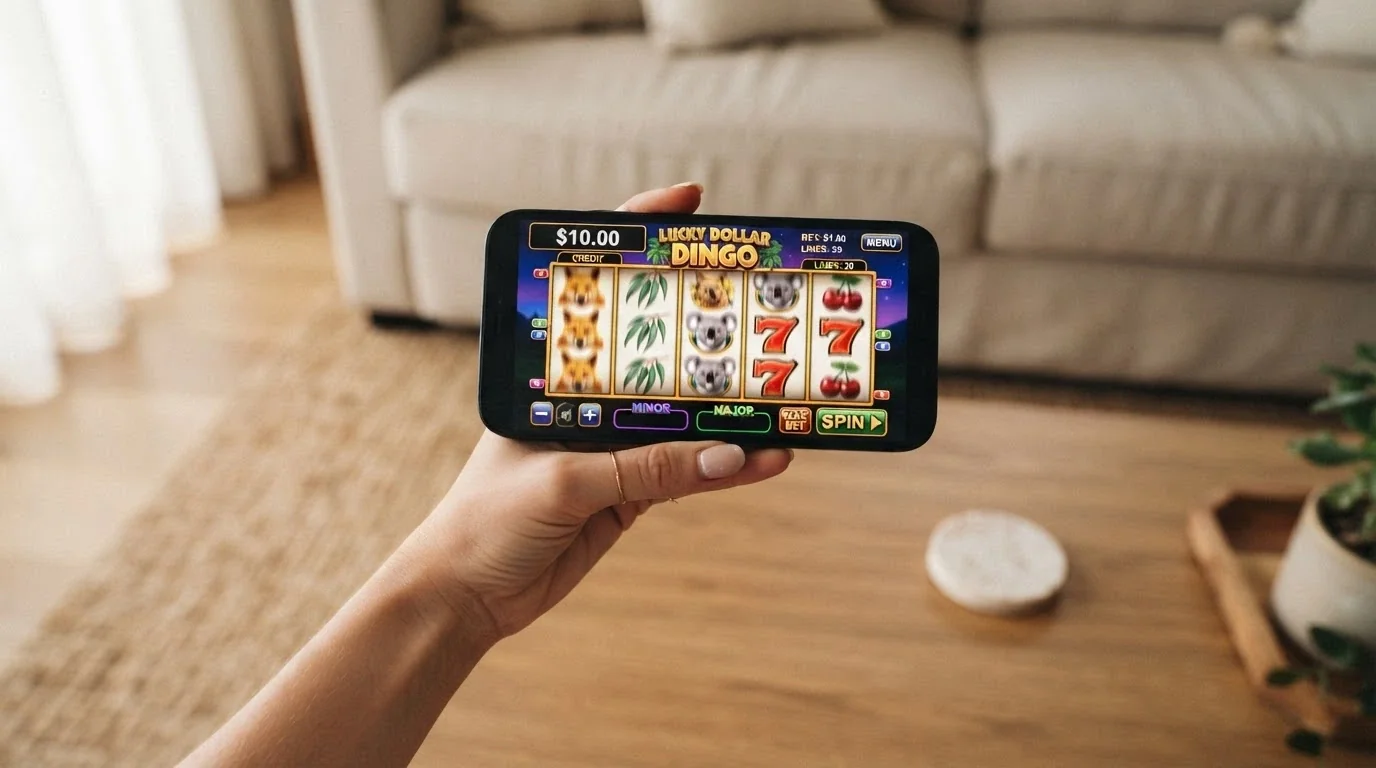 A hand holding a smartphone in landscape orientation showing a colourful pokies game with the credit balance displaying $10.00 in the corner