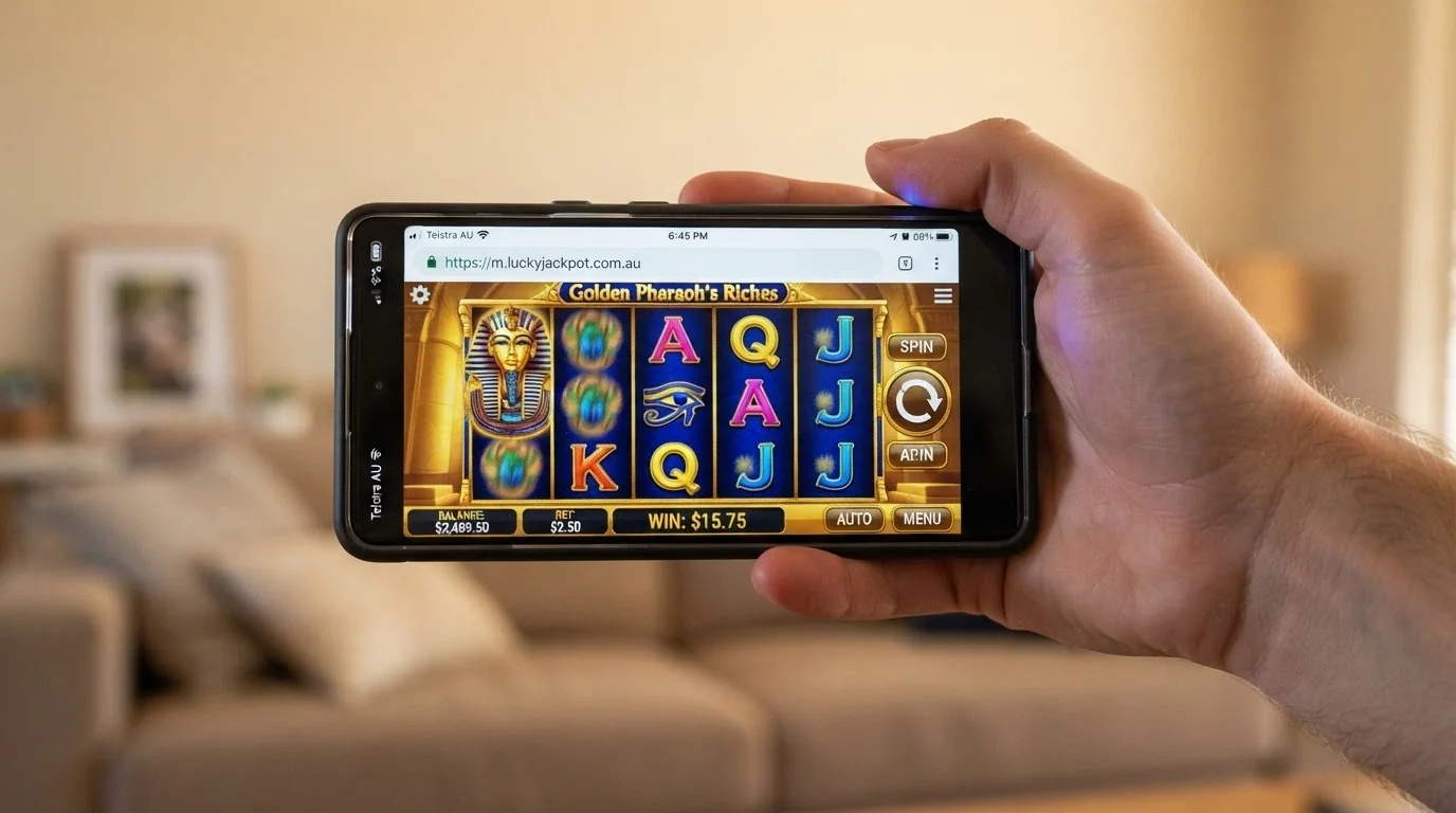 A smartphone held in landscape mode displaying a pokies game running smoothly in a mobile browser with the address bar visible