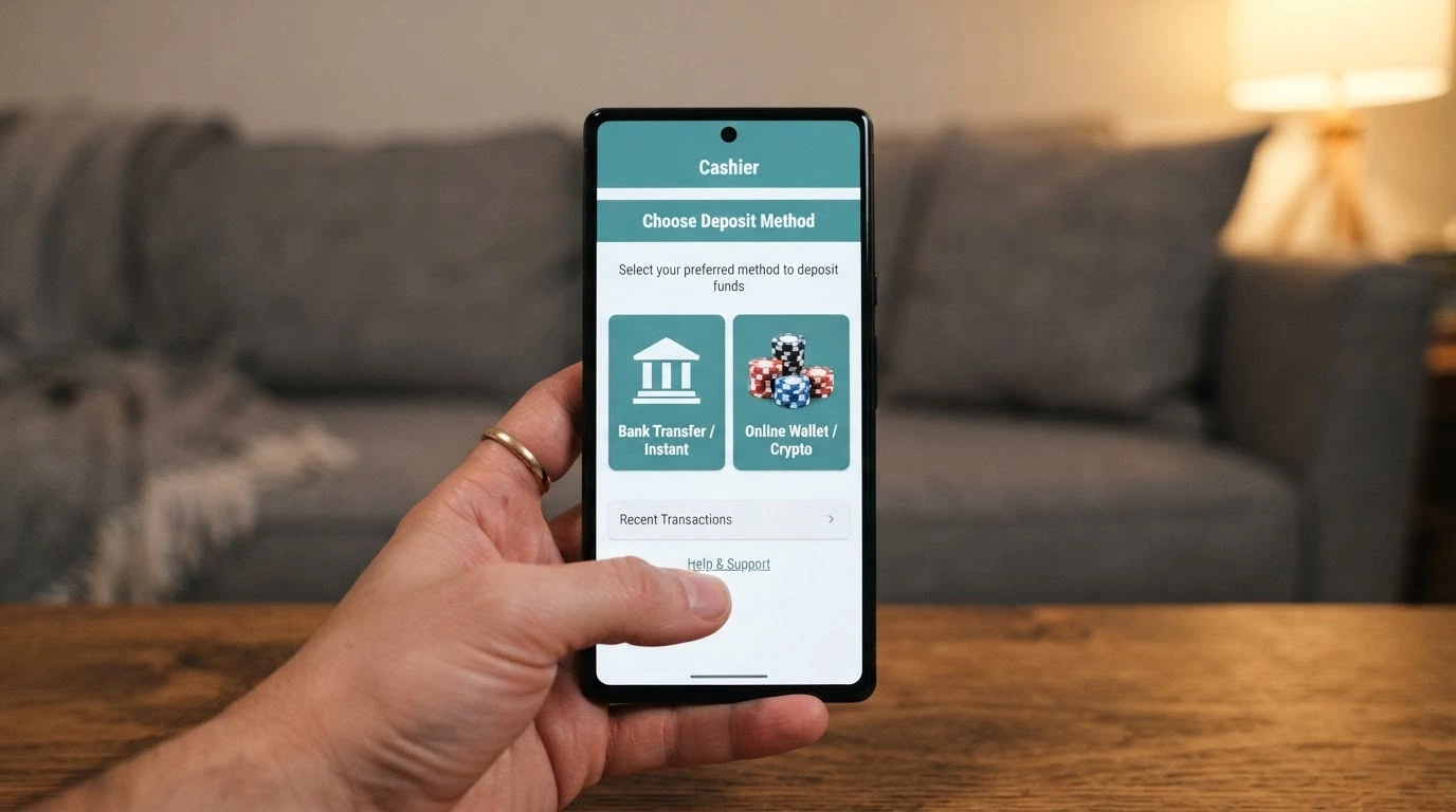 A hand holding a smartphone with a casino cashier screen open, showing PayID and crypto deposit options