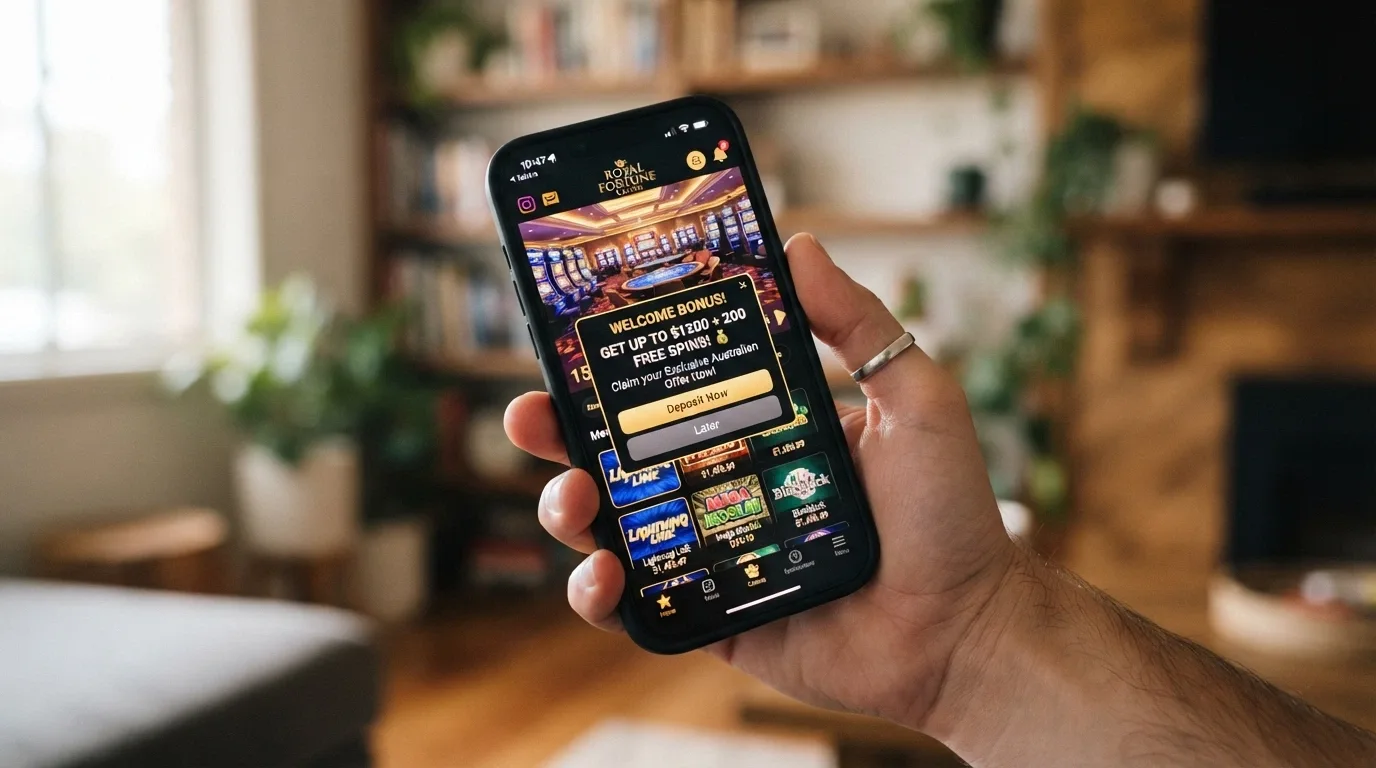 A smartphone held in hand showing a casino lobby with a deposit-bonus prompt, app icons and notifications visible