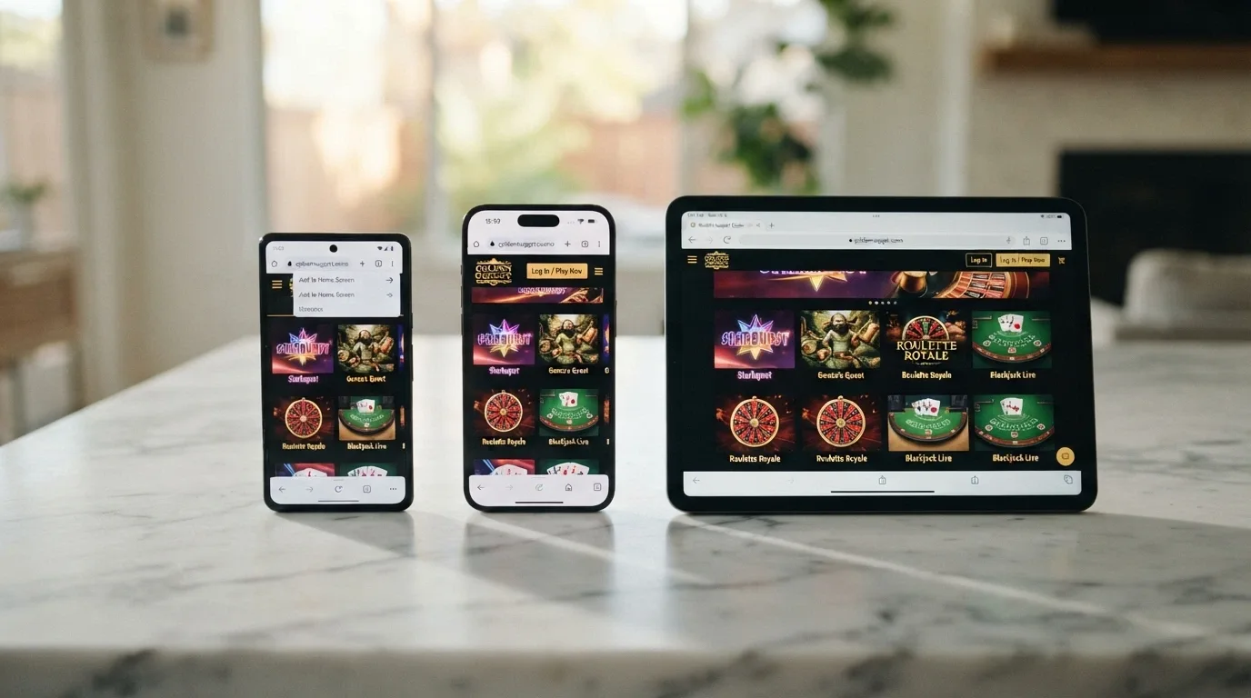 three devices — an iPhone, an Android phone and an iPad — each displaying the same casino lobby in their respective browsers, with the iPhone showing a home-screen shortcut arrow