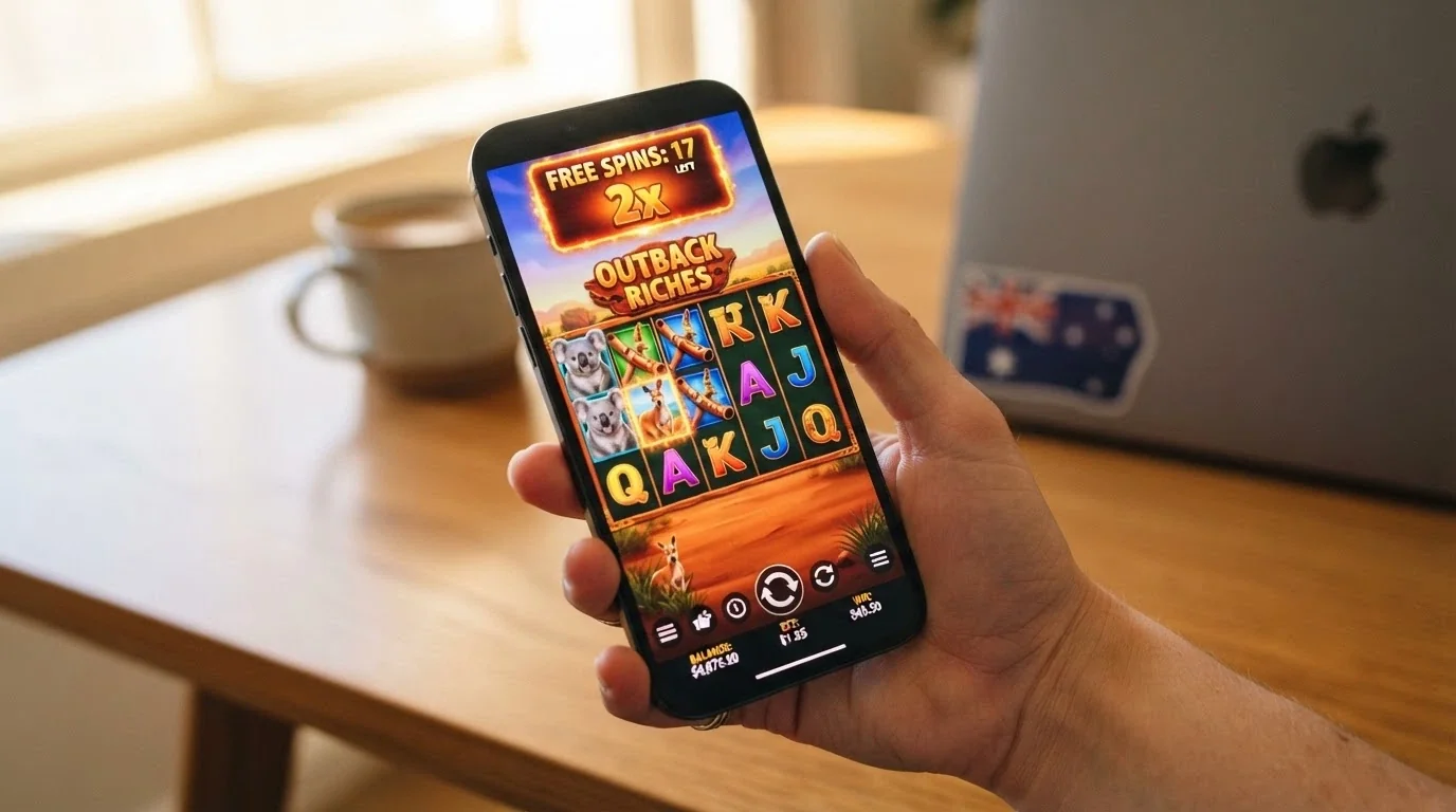 A hand holding a smartphone in portrait orientation, the screen displaying a pokie game with a “Free Spins” counter active, with the same casino lobby visible on a laptop screen in the blurred background