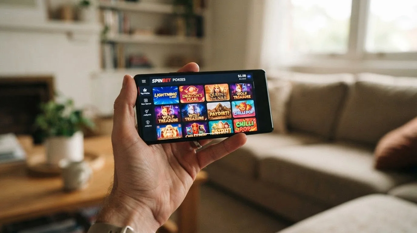 A hand holding a smartphone in landscape orientation showing a casino lobby with pokies thumbnails and an account balance of $5.00 in the top corner