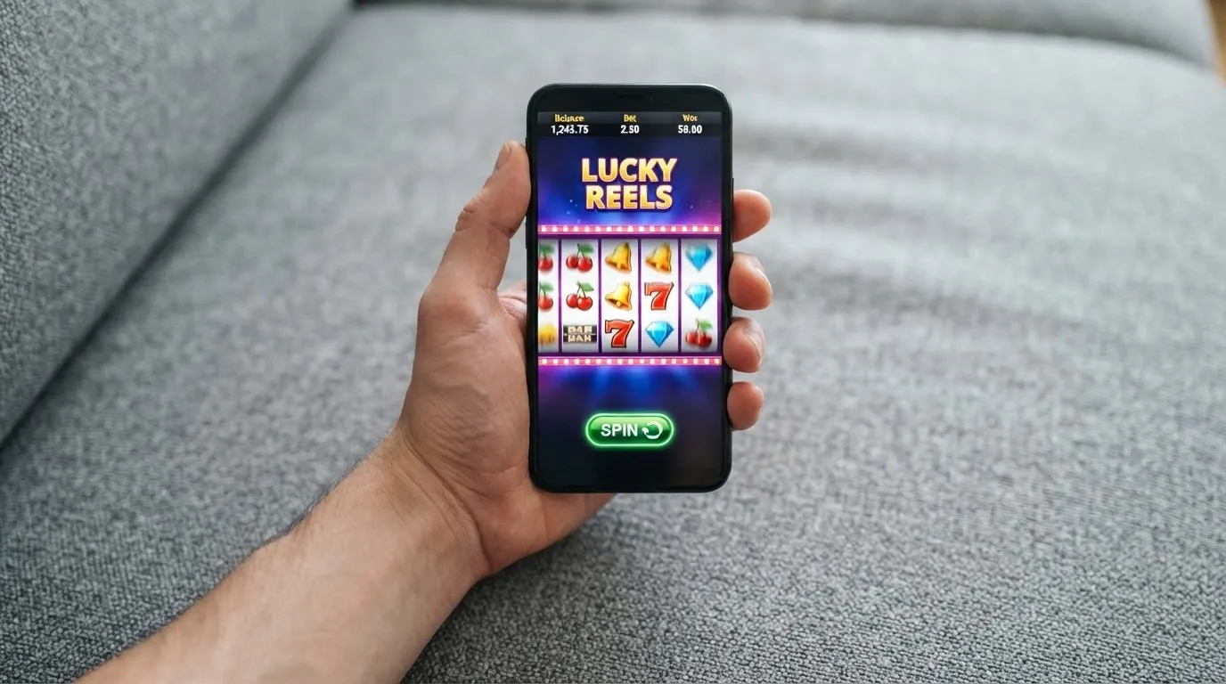A hand holding a smartphone in portrait mode displaying a pokies game with the deposit button visible at the bottom of the screen