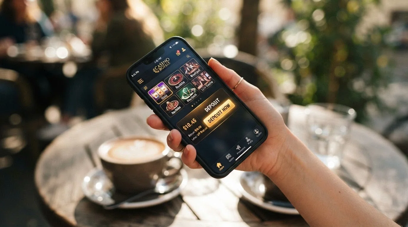 A hand holding a smartphone showing a casino lobby screen with a deposit button and a ten-dollar amount highlighted